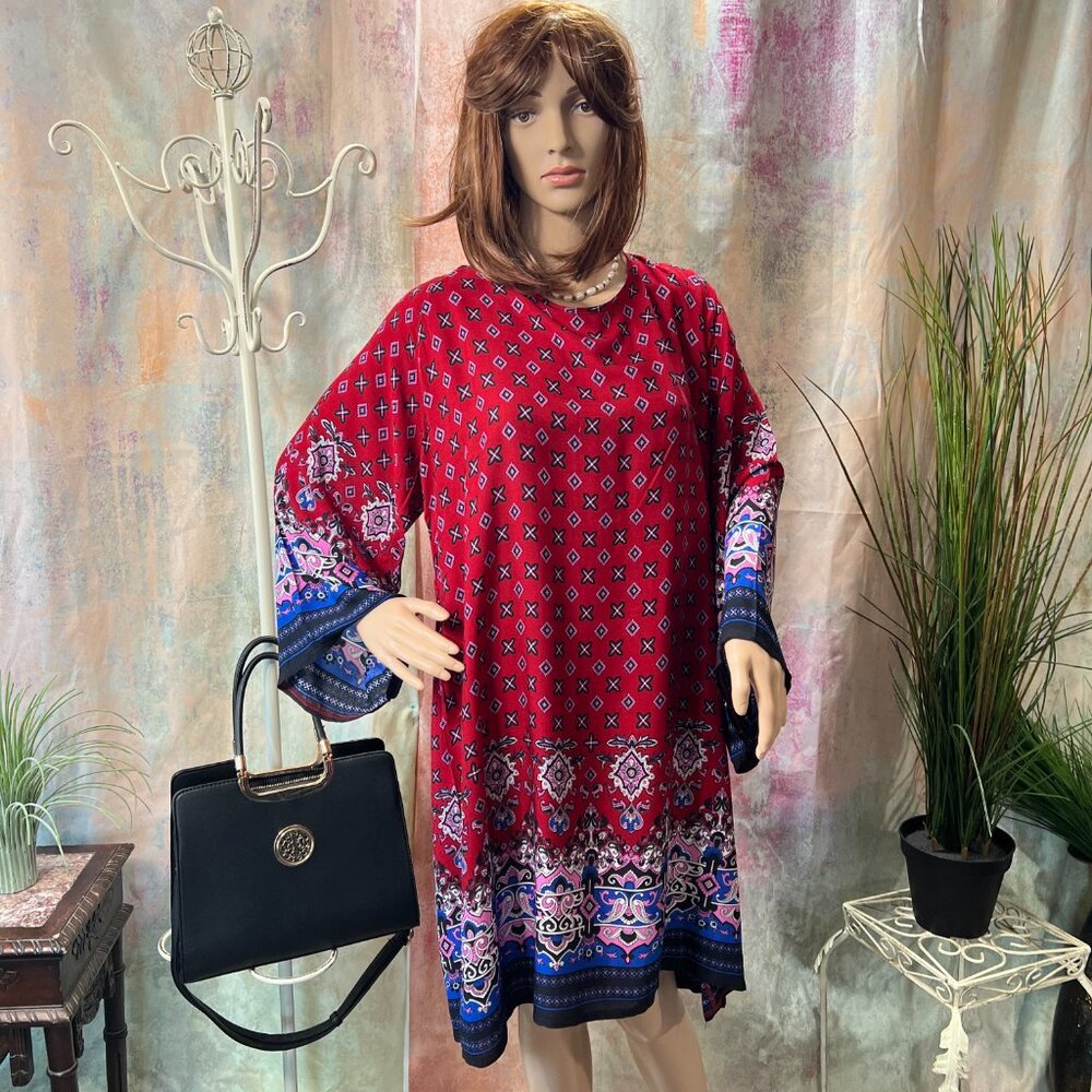 NWOT📌HOTOUCH Rayon - Cotton Mini Multicolor Dress Boho Style with Long Sleeve